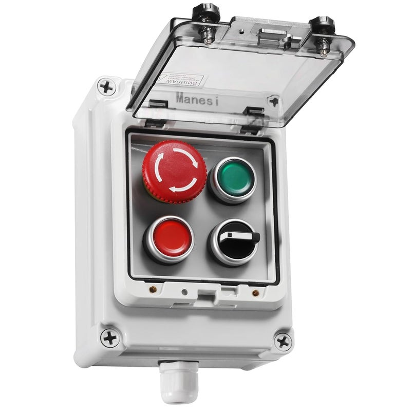 Manesi Push Button Switch IP67 Outdoor Waterproof Button Switch Box Emergency Stop Button Switch,Red/Green Instantaneous Button Switch and Selection Switch with Protective Cover Anti-Misoperation Switch - Image 1